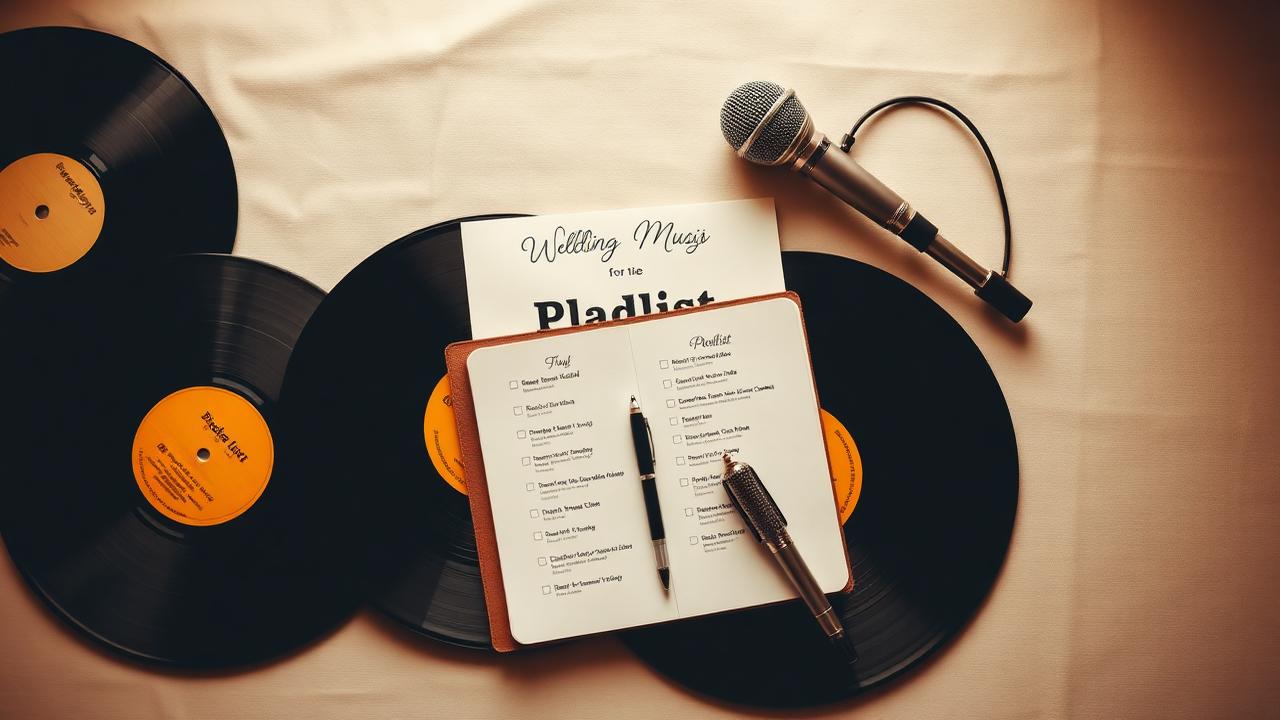 Checklist de playlist para boda con micrófono, vinilos y libreta vistos desde arriba