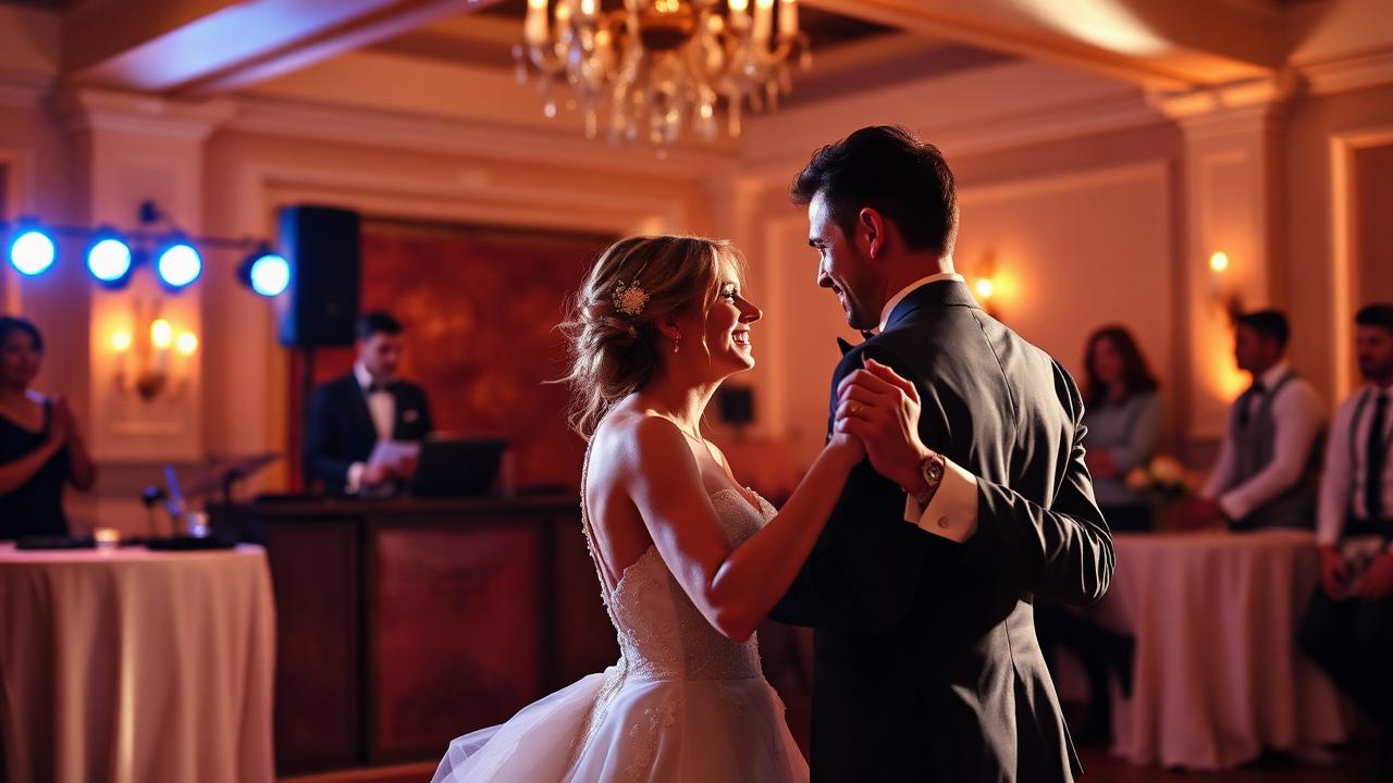 Novios bailando su primer baile en boda con DJ profesional al fondo