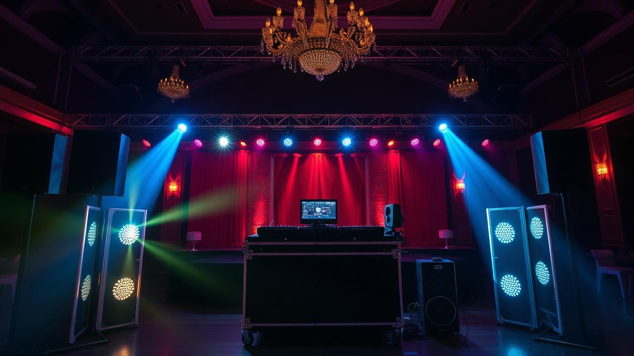 Cabina de DJ con luces de colores y bocinas profesionales en un salón de eventos en Querétaro