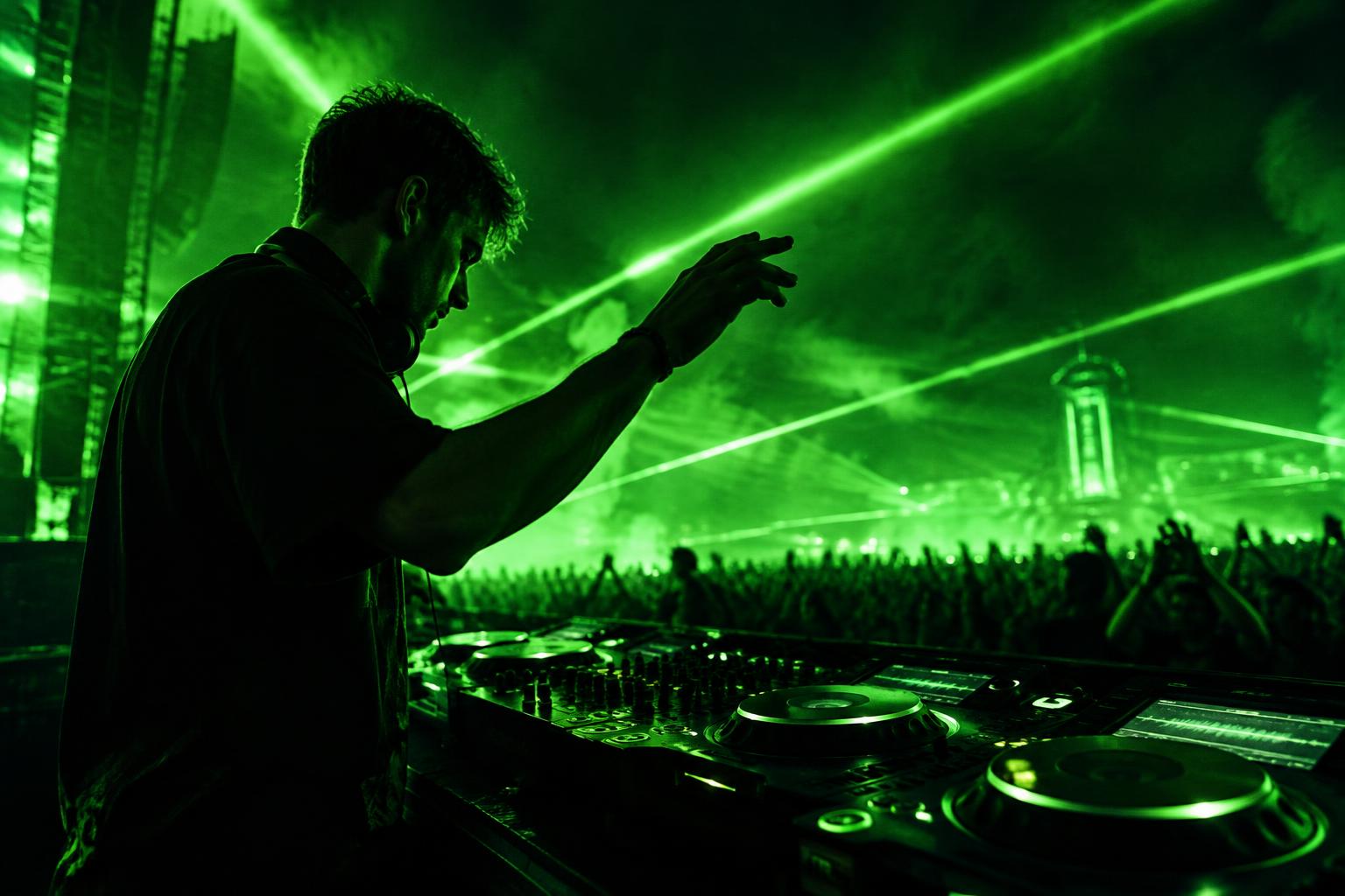 DJ actuando en un escenario con luces verdes