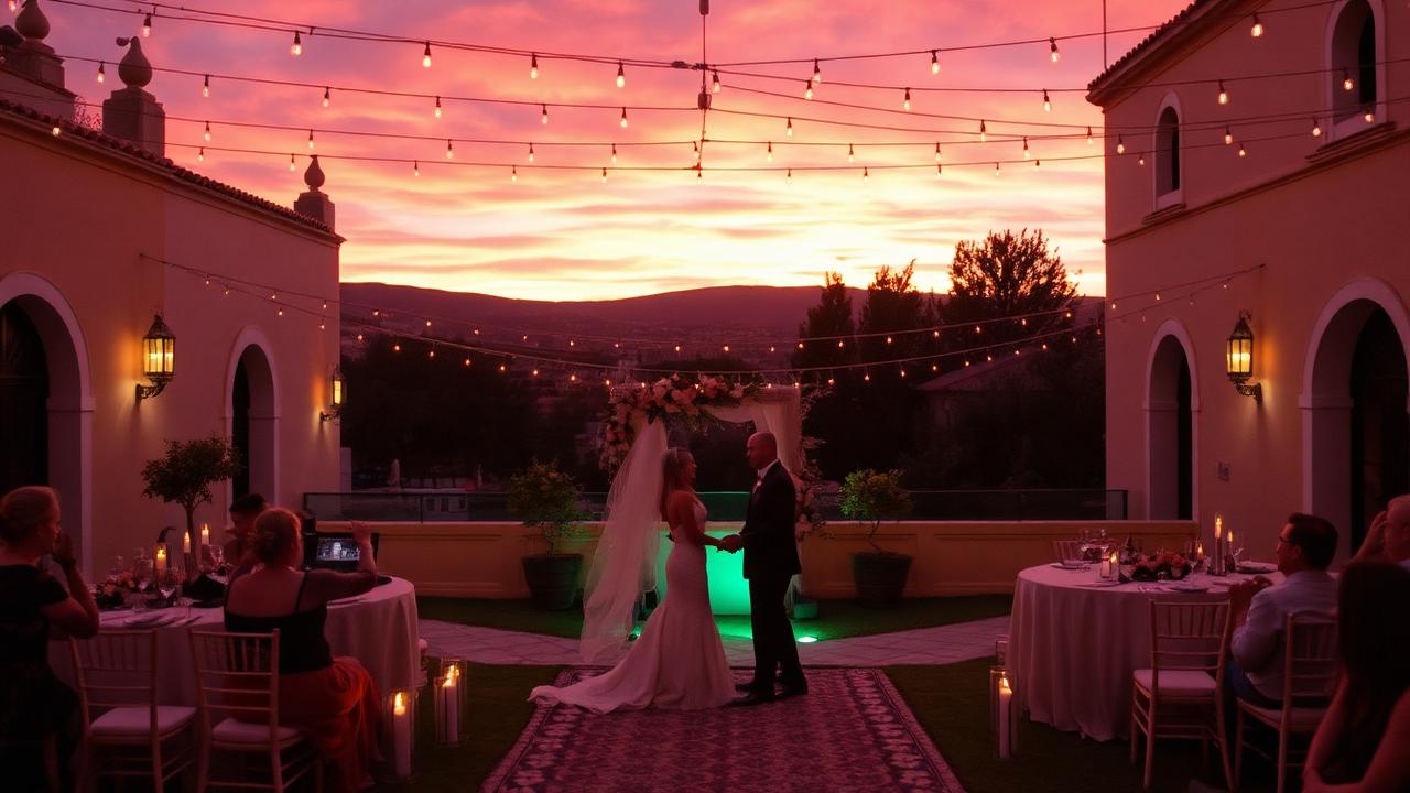 Boda destino al atardecer en San Miguel de Allende con luces colgantes y DJ al aire libre