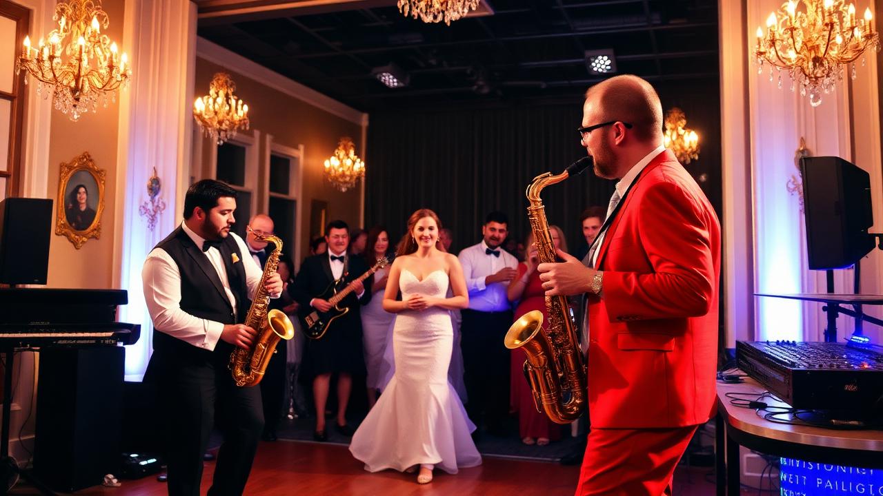 Grupo versátil con saxofonista y DJ tocando juntos en recepción de boda elegante