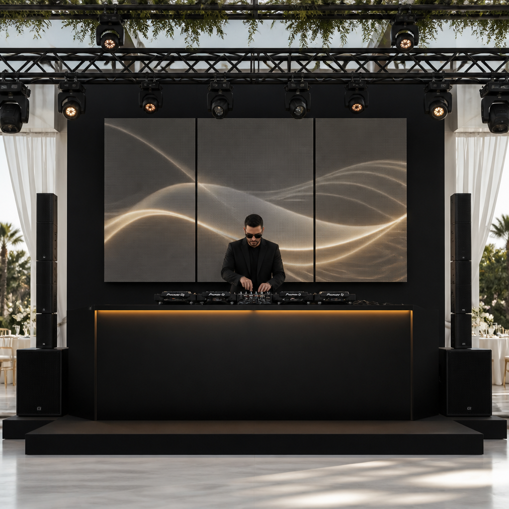 Setup DJ minimalista con pantallas LED y bocinas columna para boda al aire libre