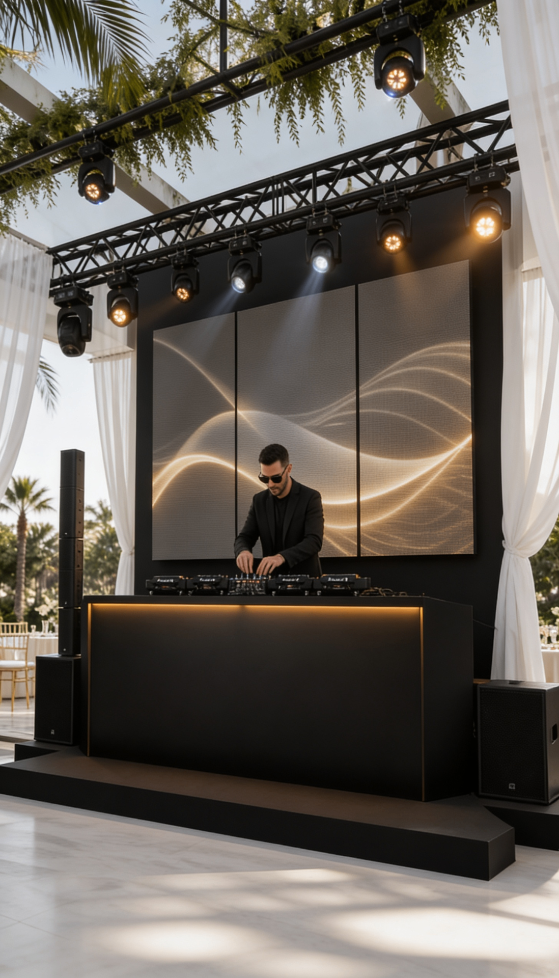 Renta de DJ, iluminación robótica y pantallas LED para evento en jardín
