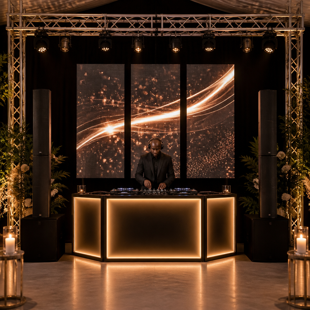 DJ booth con iluminación cálida, truss y pantallas LED para boda elegante